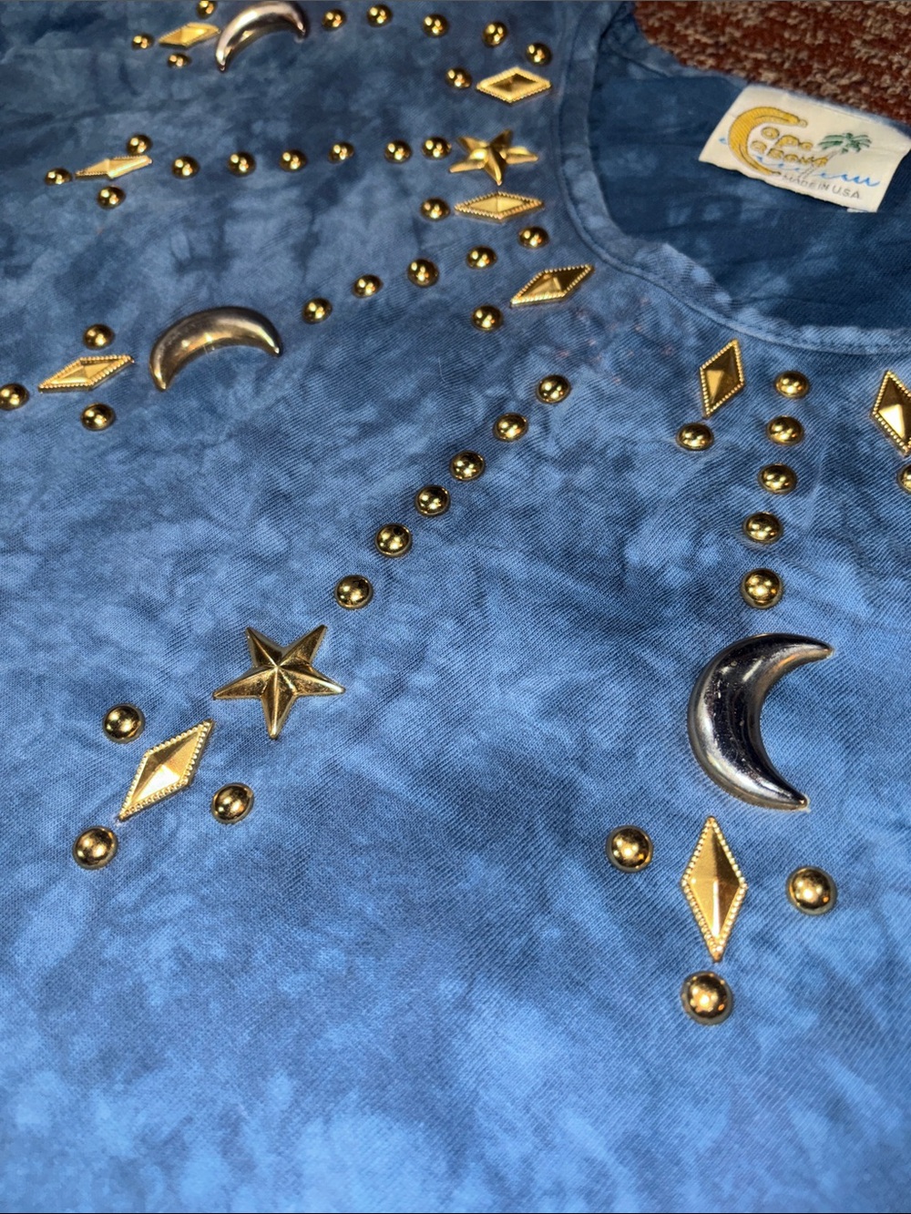Blue tie dye metallic embelished lunar sky sun & moon detail tunic top free size - Picture 5 of 13